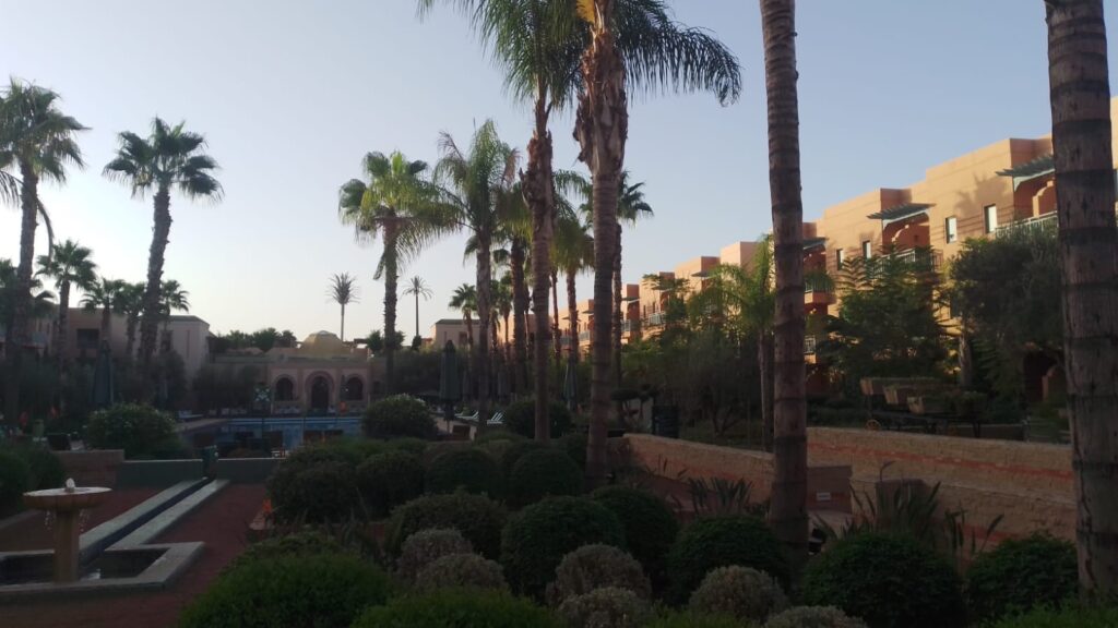 Il giardino dell'hotel, all'imbrunire